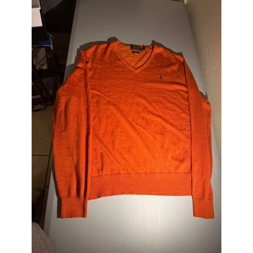 Polo Ralph Lauren Mens XXL Orange Merino Wool V-Neck Sweater Custom Fit